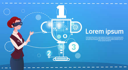 Business Woman Wear Digital Reality Glasses Cup First Place Success Winner Flat Vector Illustrationのイラスト素材