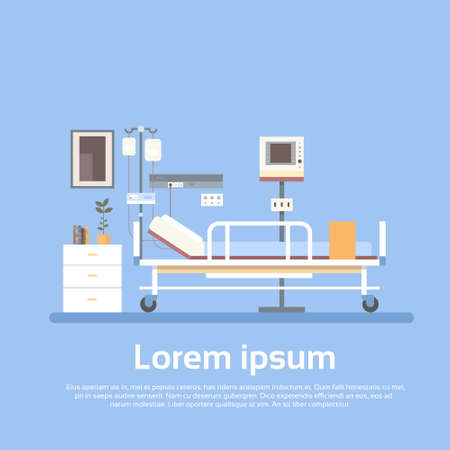 Hospital Room Interior Intensive Therapy Patient Ward Equipment Banner With Copy Space Flat Vector Illustrationのイラスト素材