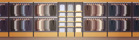 Big Fashion Shop Super Market Male Clothes Shopping Mall Interior Banner With Copy Space Flat Vector Illustrationのイラスト素材