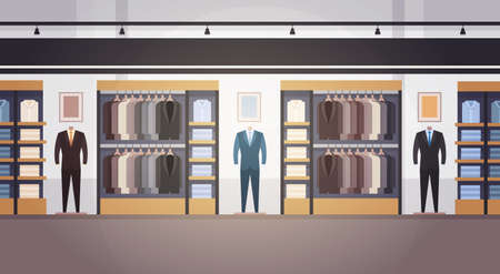 Big Fashion Shop Super Market Male Clothes Shopping Mall Interior Banner With Copy Space Flat Vector Illustrationのイラスト素材