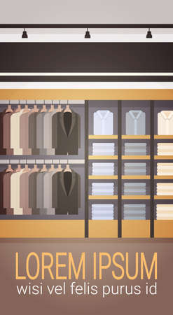 Big Fashion Shop Super Market Male Clothes Shopping Mall Interior Banner With Copy Space Flat Vector Illustrationのイラスト素材