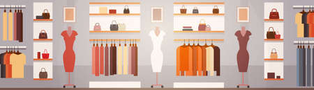 Big Fashion Shop Super Market Female Clothes Shopping Mall Interior Banner With Copy Space Flat Vector Illustrationのイラスト素材