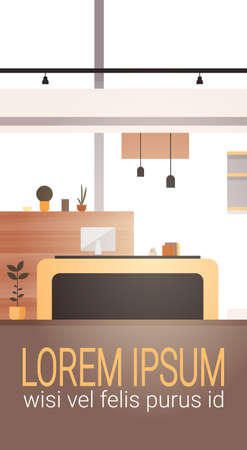 Empty Workplace, Desk Chair Computer Workspace Office No People Flat Vector Illustrationのイラスト素材