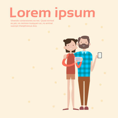 People Chat Digital Device Tablet Phone Take Selfie Social Network Communication Flat Vector Illustrationのイラスト素材