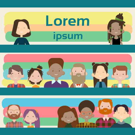 Group Casual People Big Crowd Diverse Ethnic Mix Race Banner Flat Vector illustrationのイラスト素材