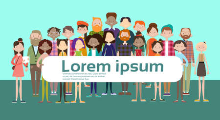 Group Casual People Big Crowd Diverse Ethnic Mix Race Banner Flat Vector illustrationのイラスト素材