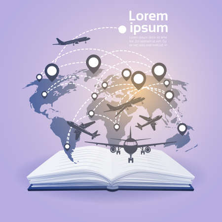 Open Book Earth Planes Read School Education Global Knowledge Concept Flat Vector Illustrationのイラスト素材