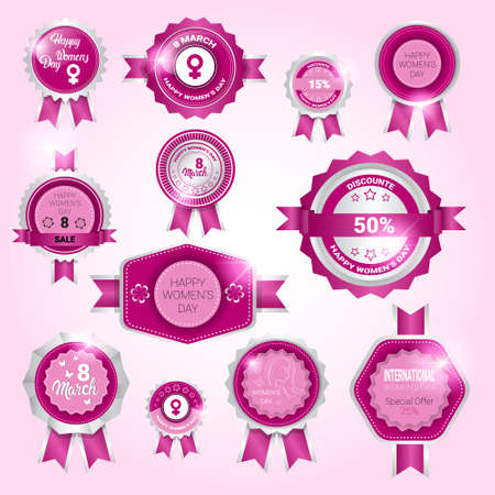8 March International Women Day Sale Shopping Discount Tag Set Flat.のイラスト素材