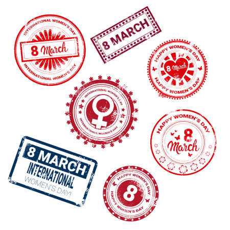 8 March International Women Day Greeting Card Stamp Icon Set Flat Illustration.のイラスト素材