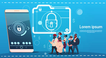 Business People Group Wear Digital Virtual Reality Glasses Laptop Lock Data Protection Concept Flat Vector Illustrationのイラスト素材