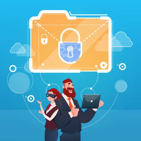 Business Woman And Man Wear Digital Virtual Reality Glasses Document Lock Data Protection Concept Flat Vector Illustrationのイラスト素材