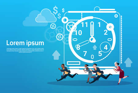 Business People Group Run Clock Businesspeople Time Deadline Concept Flat Vector Illustration