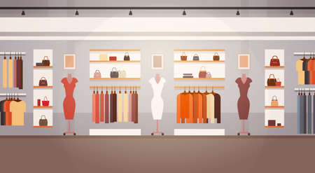 Big Fashion Shop Super Market Female Clothes Shopping Mall Interior Banner With Copy Space Flat Vector Illustrationのイラスト素材