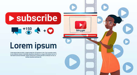 Woman Video Blogger Online Stream Blogging Subscribe Concept Flat Vector Illustrationのイラスト素材