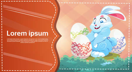 Easter Rabbit Hold Decorated Colorful Egg Holiday Symbols Greeting Card Flat Vector Illustrationのイラスト素材