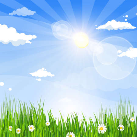 Spring Landscape Green Grass Blue Sky Land Banner Flat Vector Illustrationのイラスト素材