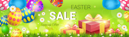 Easter Sale Shopping Special Offer Decorated Colorful Egg Holiday Banner Flat Vector Illustrationのイラスト素材