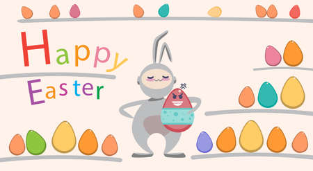Easter Decorated Rabbit Colorful Egg Holiday Symbols Greeting Card Flat Vector Illustrationのイラスト素材