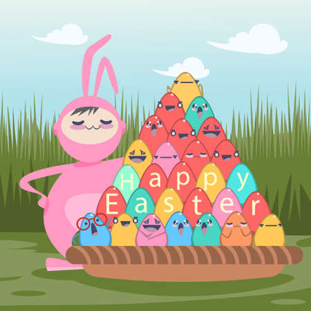 Easter Decorated Rabbit Colorful Egg Holiday Symbols Greeting Card Flat Vector Illustration