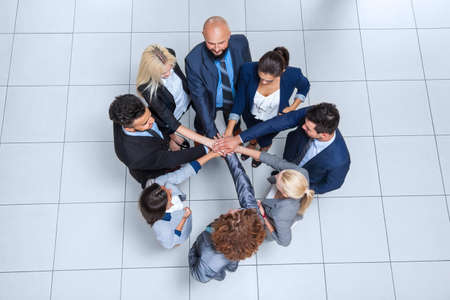 Business People Group Stand In Circle, Businesspeople Team Putting Their Hands Stack Teamwork...