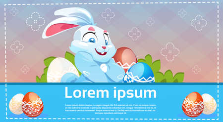 Decorated Colorful Eggs Rabbit Easter Holiday Symbols Greeting Card Vector Illustrationのイラスト素材