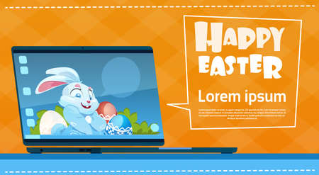 Laptop Computer Decorated Colorful Eggs Rabbit Easter Holiday Symbols Greeting Card Vector Illustrationのイラスト素材