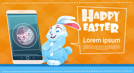 Rabbit Hold Cell Smart Phone Decorated Colorful Eggs Easter Holiday Symbols Greeting Card Vector Illustrationのイラスト素材