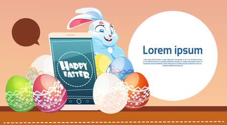 Rabbit Hold Cell Smart Phone Decorated Colorful Eggs Easter Holiday Symbols Greeting Card Vector Illustrationのイラスト素材