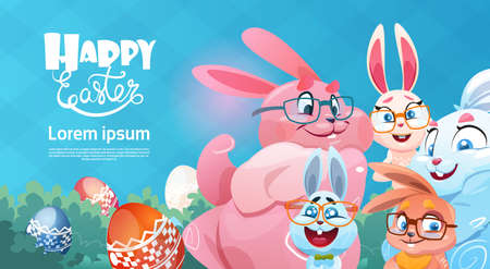 Rabbit Decorated Colorful Eggs Easter Holiday Symbols Greeting Card Vector Illustrationのイラスト素材
