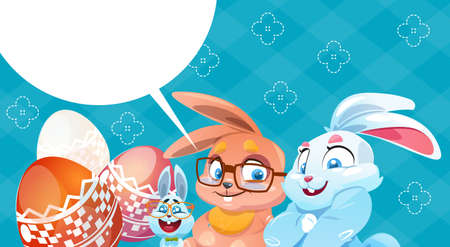 Rabbit Decorated Colorful Eggs Easter Holiday Symbols Greeting Card Vector Illustration