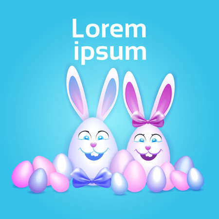 Decorated Colorful Eggs Rabbit Easter Holiday Symbols Greeting Card Vector Illustrationのイラスト素材