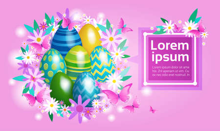 Decorated Colorful Eggs Easter Holiday Symbols Greeting Card Vector Illustrationのイラスト素材