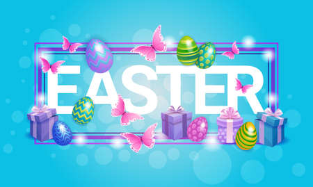 Decorated Colorful Eggs Easter Holiday Symbols Greeting Card Vector Illustrationのイラスト素材