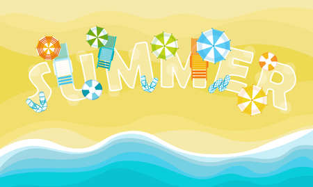Summer Beach Vacation Set Sand Tropical Holiday Banner Flat Vector Illustrationのイラスト素材