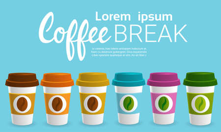Coffee Take Away Cup Break Breakfast Drink Beverage Set Flat Vector Illustrationのイラスト素材