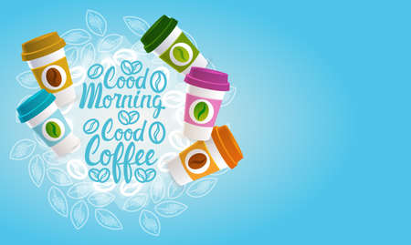 Coffee Take Away Cup Break Breakfast Drink Beverage Set Flat Vector Illustrationのイラスト素材