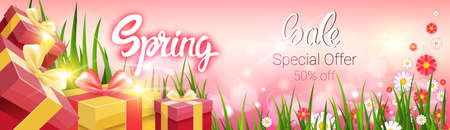 Spring Sale Shopping Special Offer Holiday Banner Flat Vector Illustrationのイラスト素材