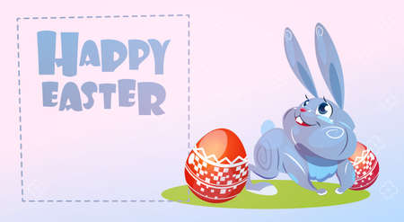 Rabbit Easter Holiday Bunny Hold Decorated Eggs Greeting Card Flat Vector Illustrationのイラスト素材