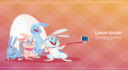 Rabbit Taking Selfie Photo Easter Holiday Bunny Decorated Eggs Greeting Card Flat Vector Illustrationのイラスト素材