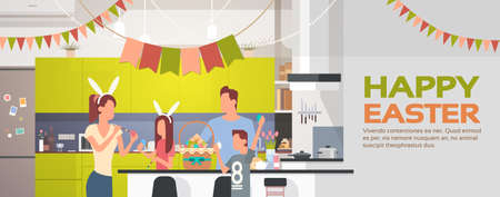 Family Kitchen Interior Celebrate Easter Holiday Decorated Colorful Eggs Greeting Card Flat Vector Illustrationのイラスト素材