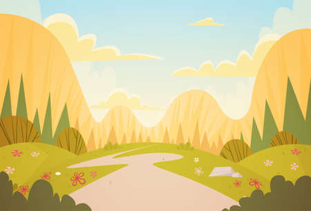 Mountain Range Spring Landscape Country Road Nature Background Flat Vector Illustrationのイラスト素材