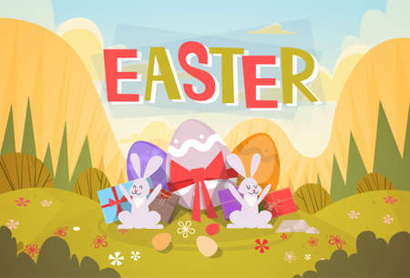 Rabbit Easter Holiday Bunny Decorated Eggs Greeting Card Flat Vector Illustrationのイラスト素材