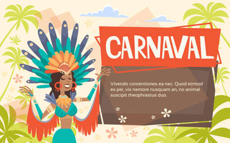 Brazil Carnival Latin Woman Wear Bright Costume Traditional Rio Party Flat Vector Illustrationのイラスト素材