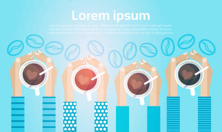 Hands Hold Cup Tea Coffee Break Morning Beverage Banner Flat Vector Illustrationのイラスト素材