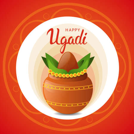 Happy Ugadi and Gudi Padwa Hindu New Year Greeting Card Holiday Pot With Coconut Flat Illustrationのイラスト素材