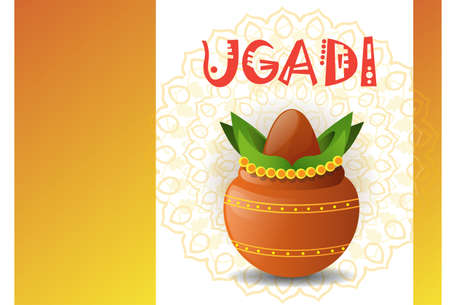 Happy Ugadi and Gudi Padwa Hindu New Year Greeting Card Holiday Pot With Coconut Flat Vector Illustrationのイラスト素材