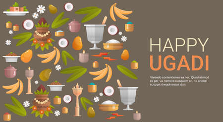 Happy Ugadi and Gudi Padwa Hindu New Year Greeting Card Holiday Flat Vector Illustrationのイラスト素材
