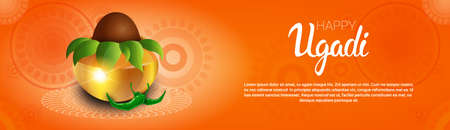 Happy Ugadi and Gudi Padwa Hindu New Year Greeting Card Holiday Pot With Coconut Flat Vector Illustrationのイラスト素材