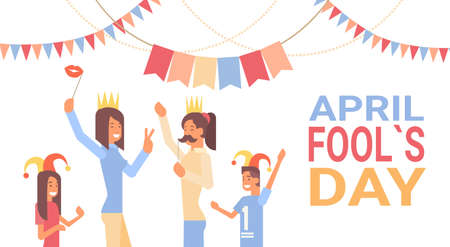 People Group Celebrating Fool Day April Holiday Greeting Card Banner Flat Vector Illustrationのイラスト素材