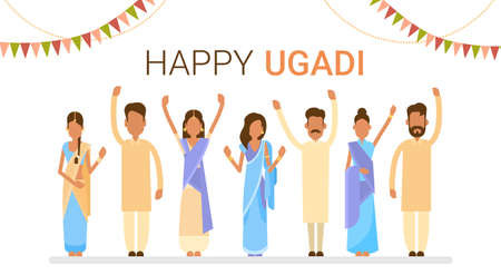 People Group Celebrate Happy Ugadi and Gudi Padwa Hindu New Year Greeting Card Holiday Flat Vector Illustrationのイラスト素材